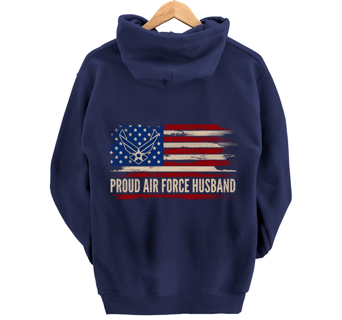 Vintage Proud Air Force Husband American Flag Veteran Gift Pullover Hoodie