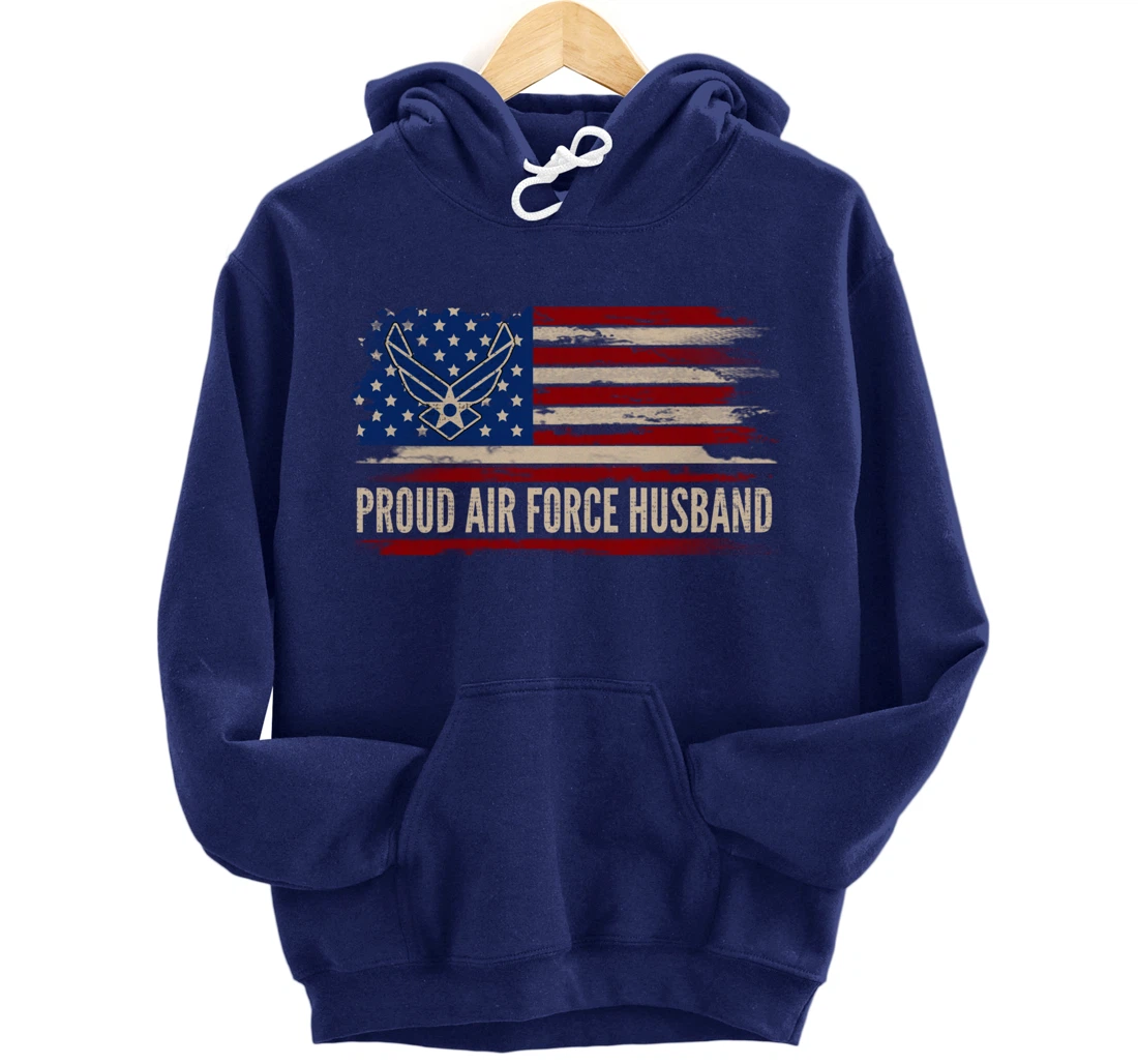 Vintage Proud Air Force Husband American Flag Veteran Gift Pullover Hoodie