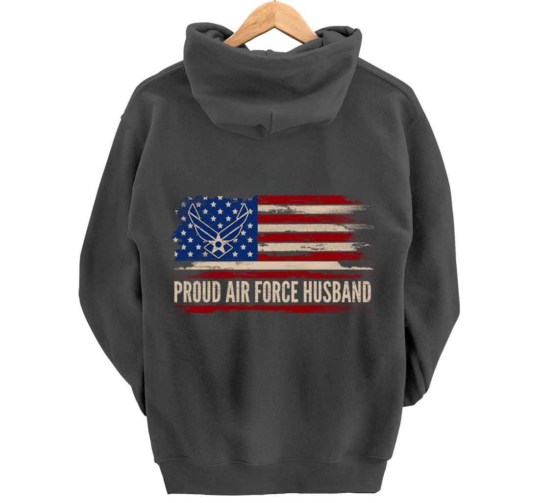 Vintage Proud Air Force Husband American Flag Veteran Gift Pullover Hoodie