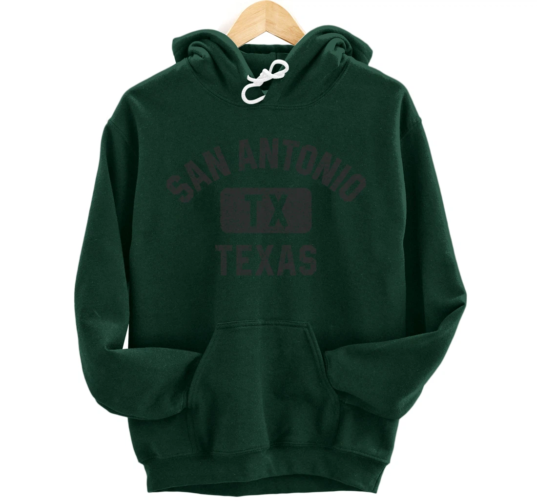 San Antonio TX Texas Gym Style Black w Distress Black Print Pullover Hoodie