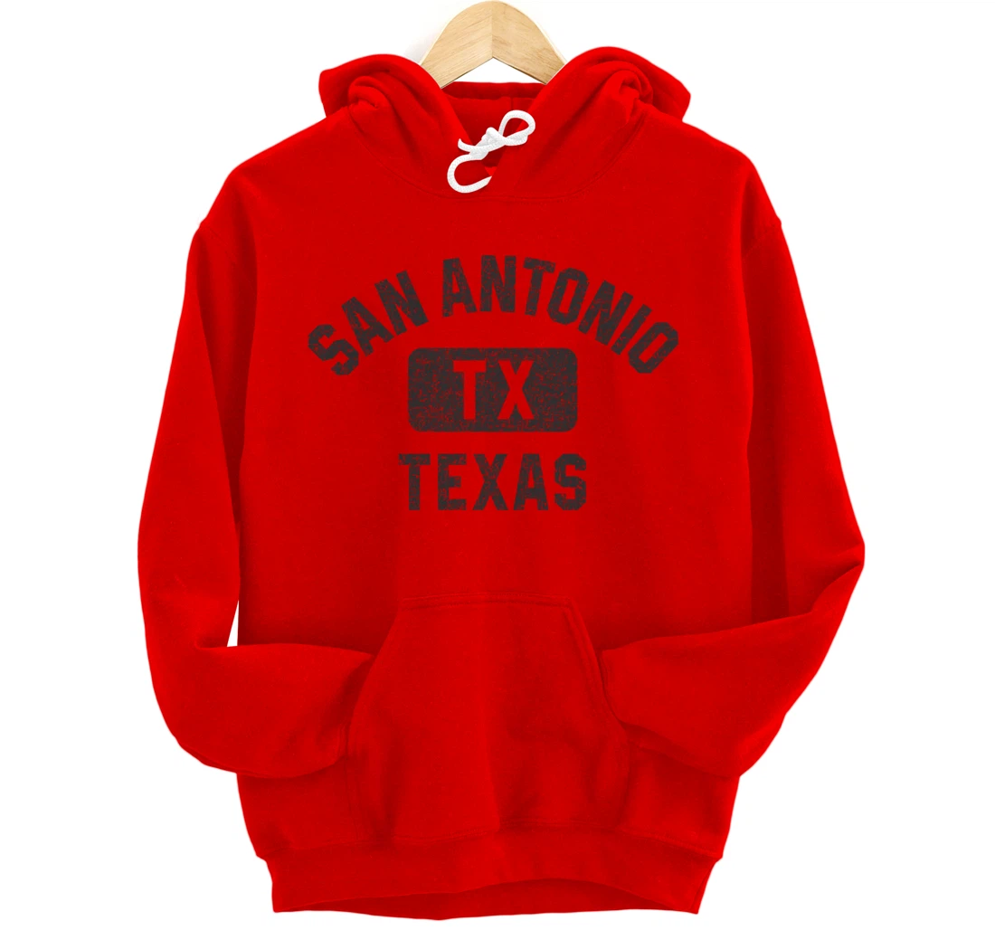 San Antonio TX Texas Gym Style Black w Distress Black Print Pullover Hoodie