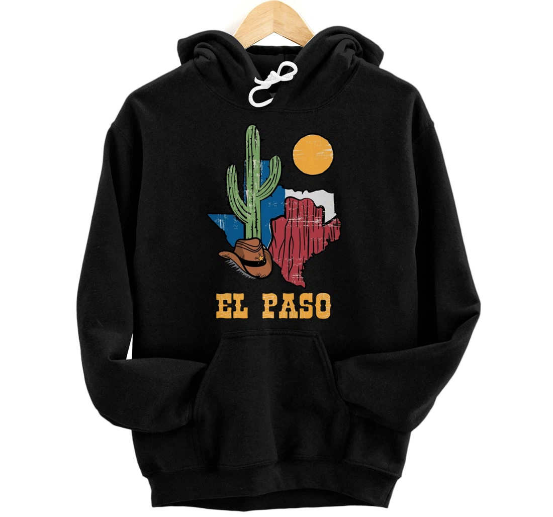 Vintage El Paso Texas Map With Cowboy Hat And Desert Cactus Pullover Hoodie