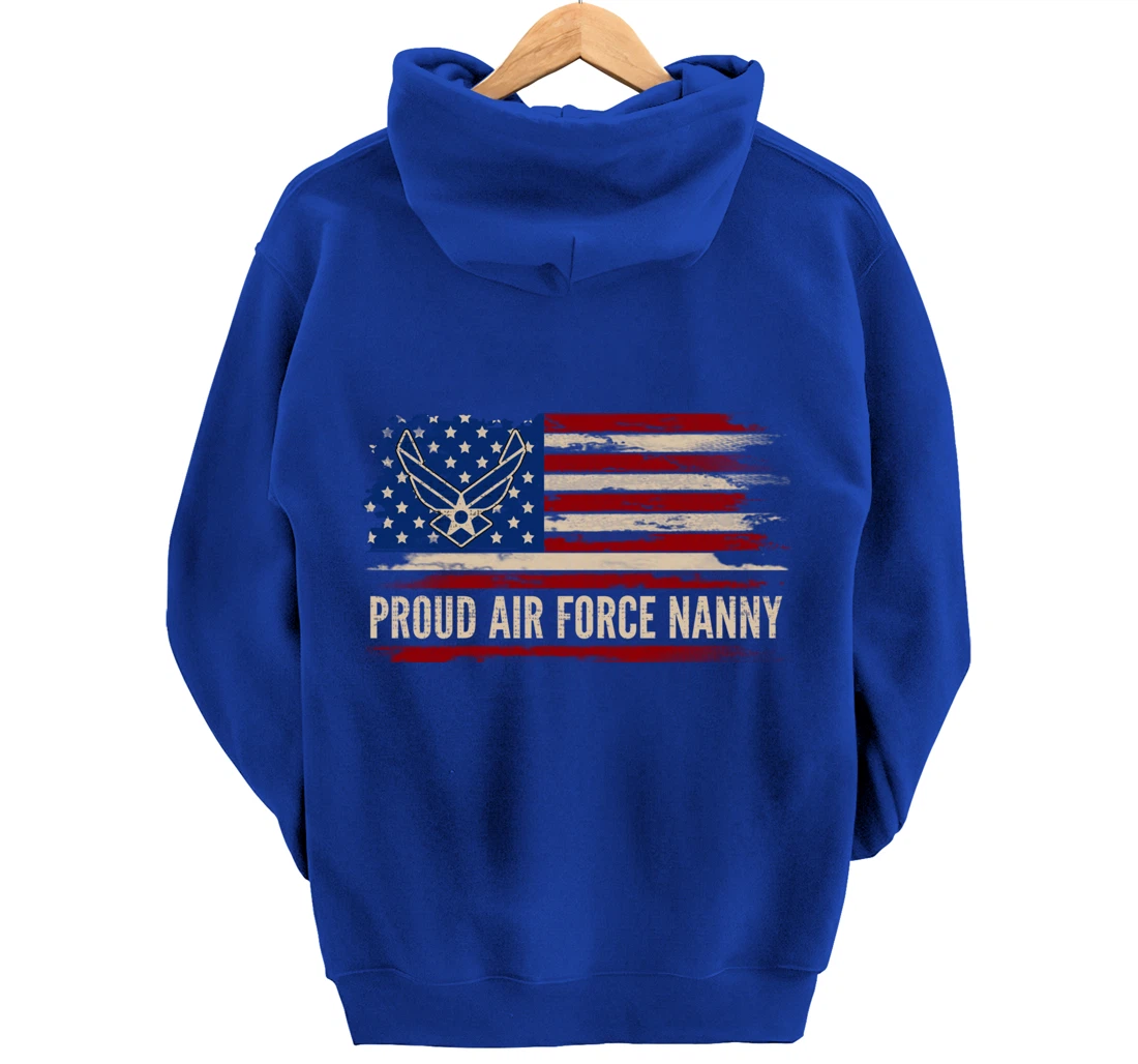 Vintage Proud Air Force Nanny American Flag Veteran Gift Pullover Hoodie
