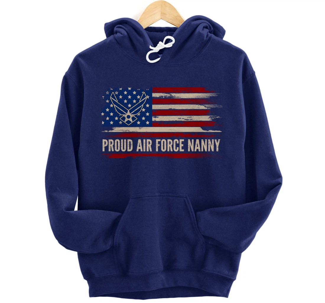 Vintage Proud Air Force Nanny American Flag Veteran Gift Pullover Hoodie