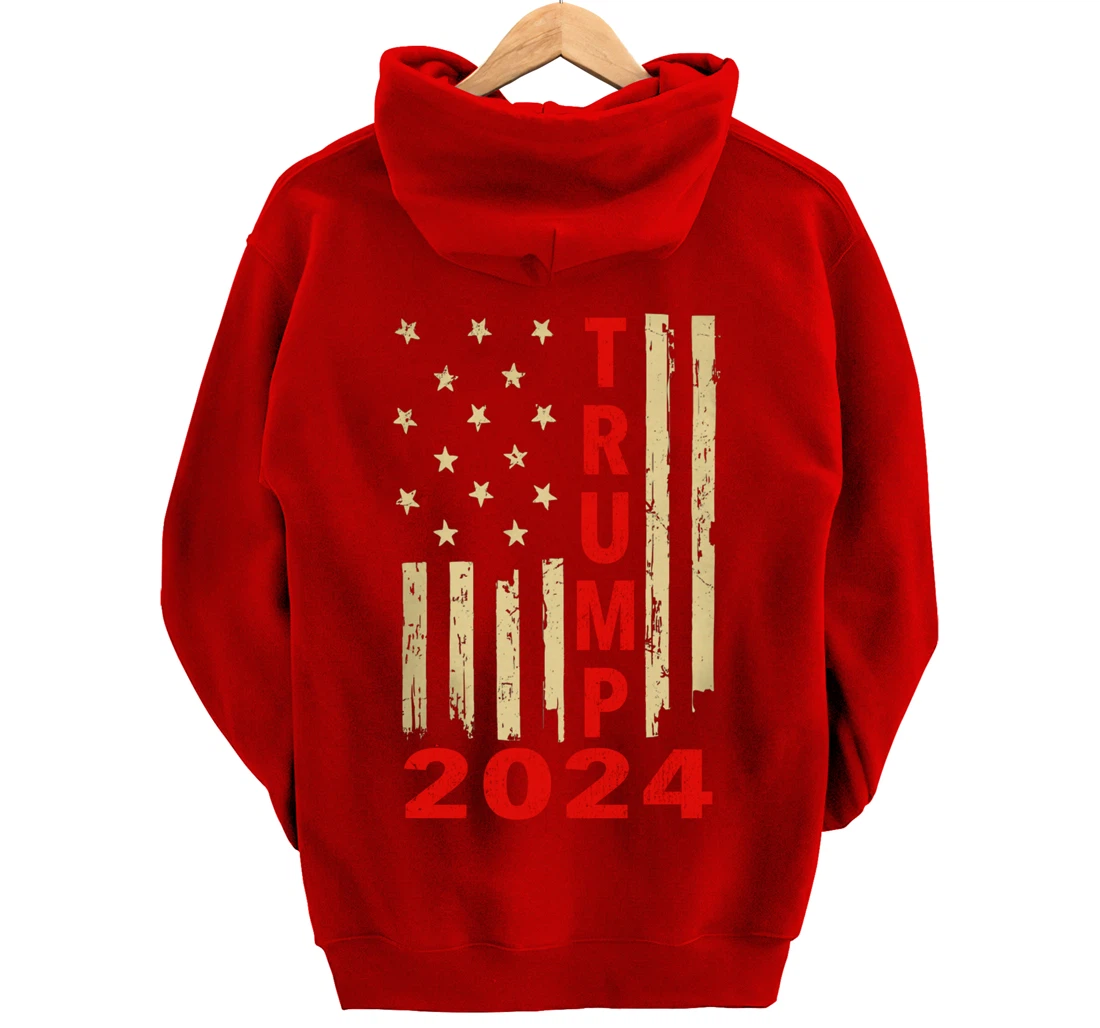 Donald Trump 2024 American Flag Vintage Trump 2024 (On Back) Pullover Hoodie