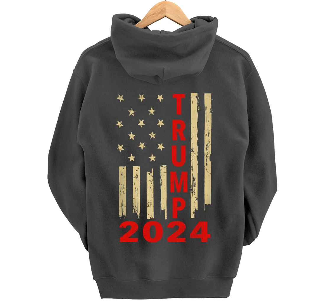 Donald Trump 2024 American Flag Vintage Trump 2024 (On Back) Pullover Hoodie