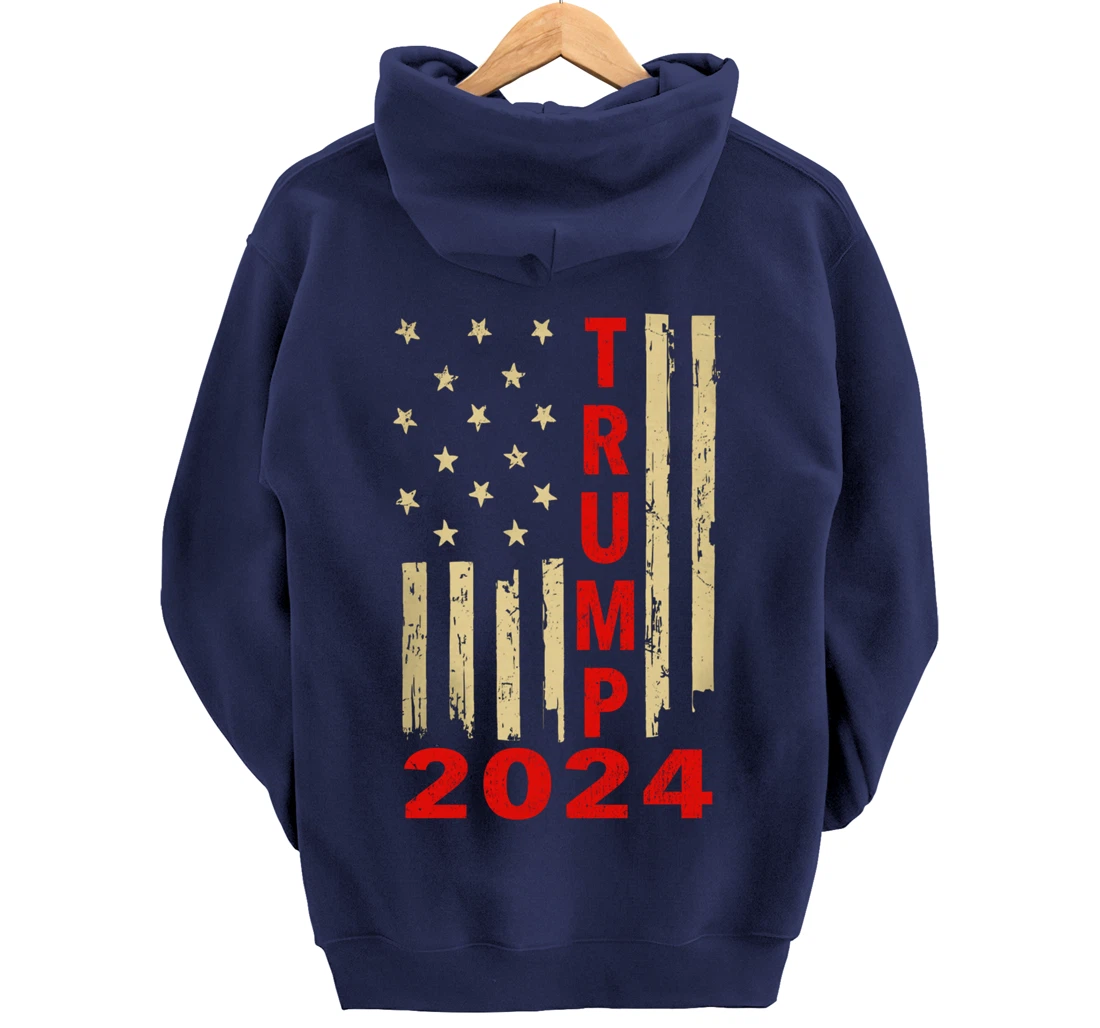 Donald Trump 2024 American Flag Vintage Trump 2024 (On Back) Pullover Hoodie