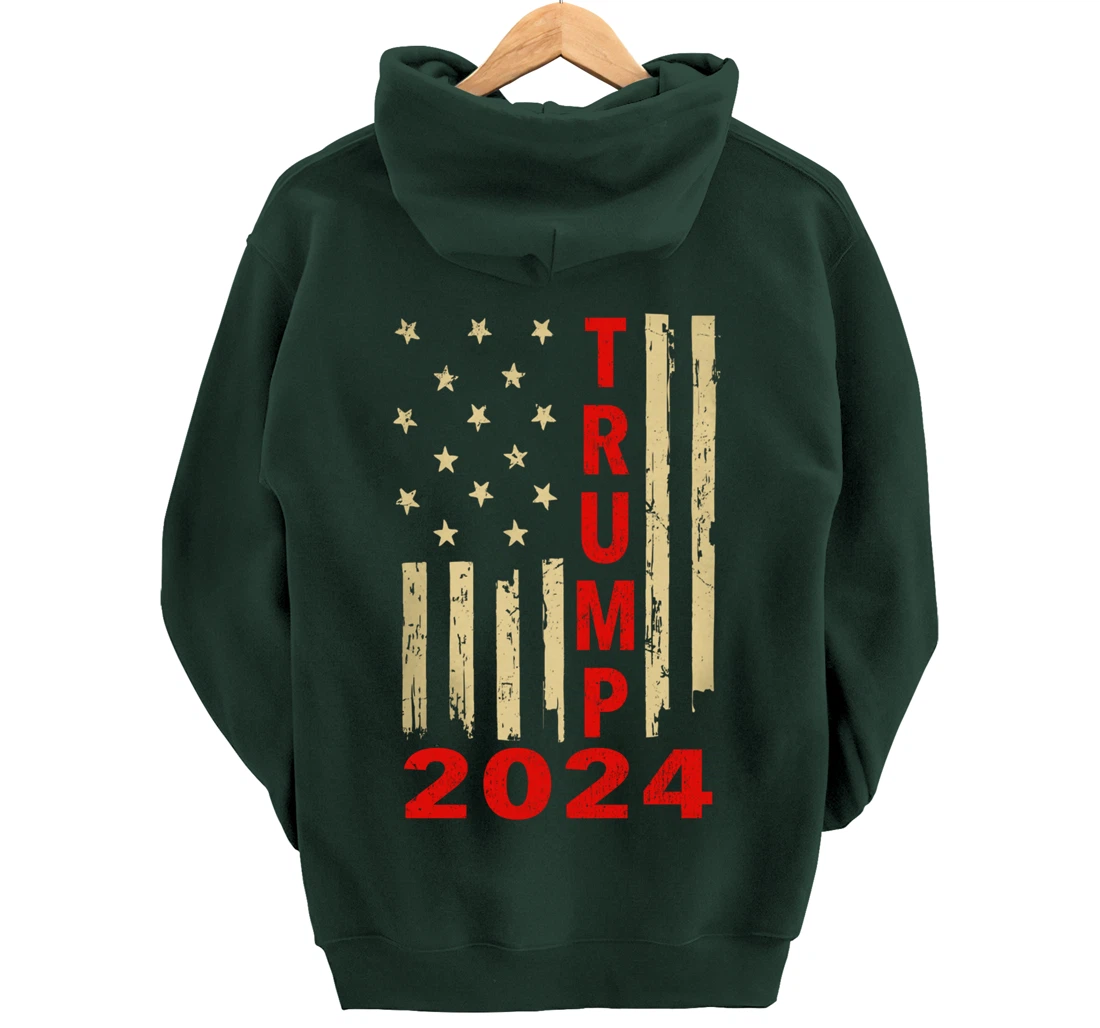 Donald Trump 2024 American Flag Vintage Trump 2024 (On Back) Pullover Hoodie