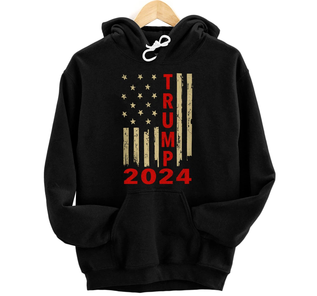 Donald Trump 2024 American Flag Vintage Trump 2024 (On Back) Pullover Hoodie