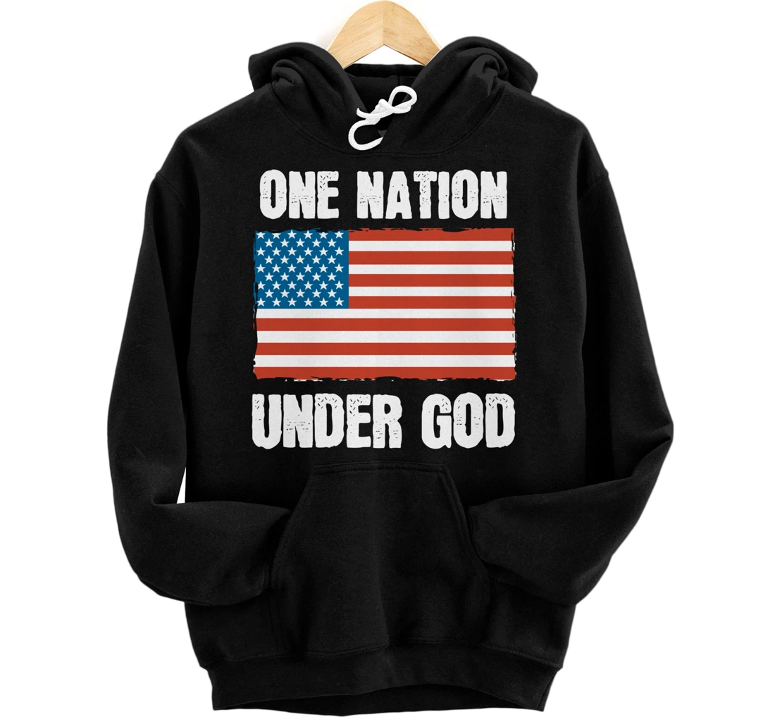 One Nation Under God Blessed American Flag Christian Cross Pullover Hoodie
