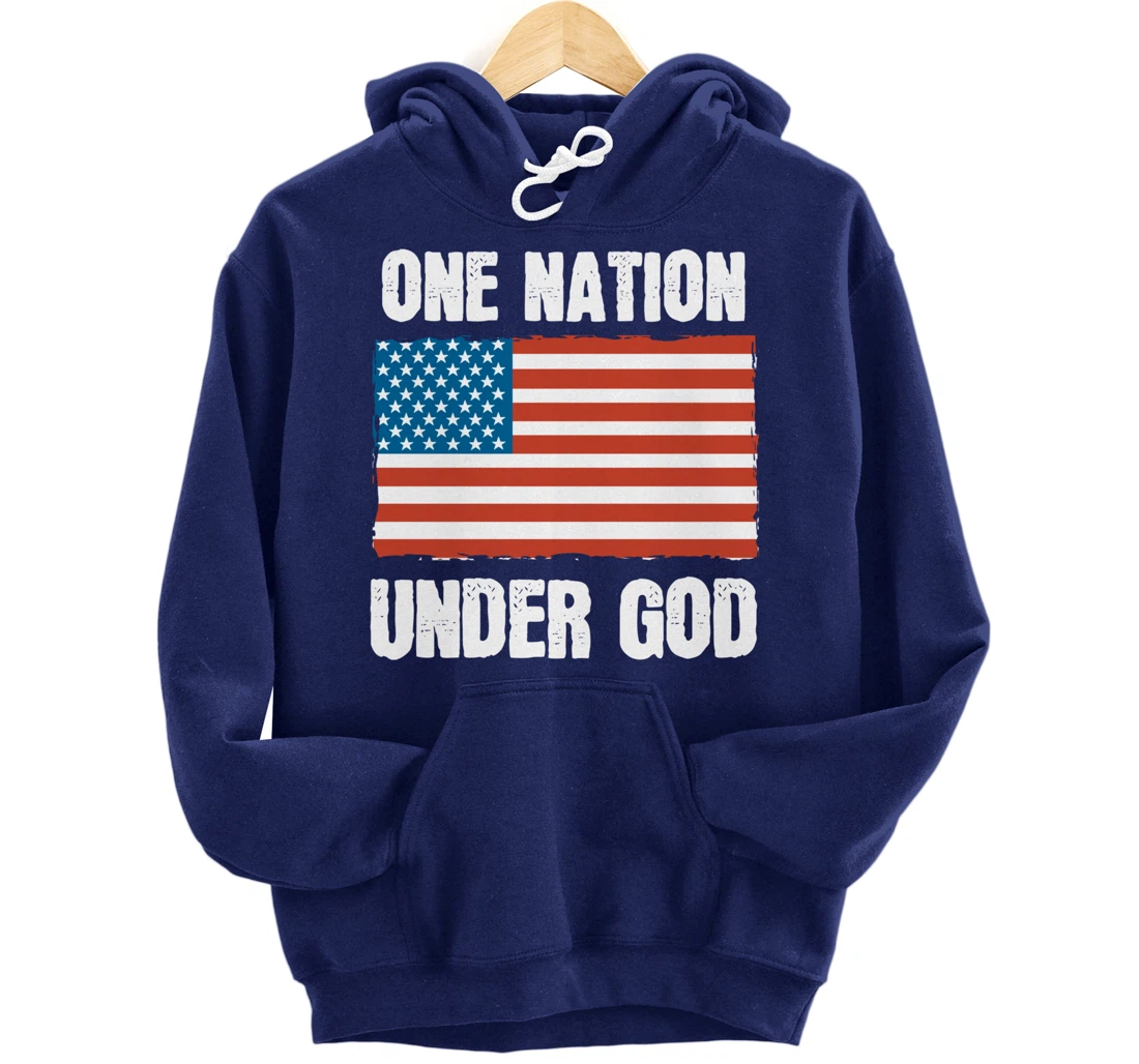 One Nation Under God Blessed American Flag Christian Cross Pullover Hoodie