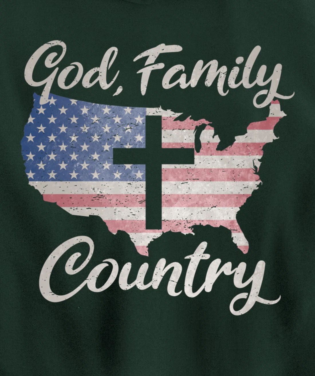 GOD FAMILY COUNTRY Christian Cross Vintage USA American Flag Pullover Hoodie