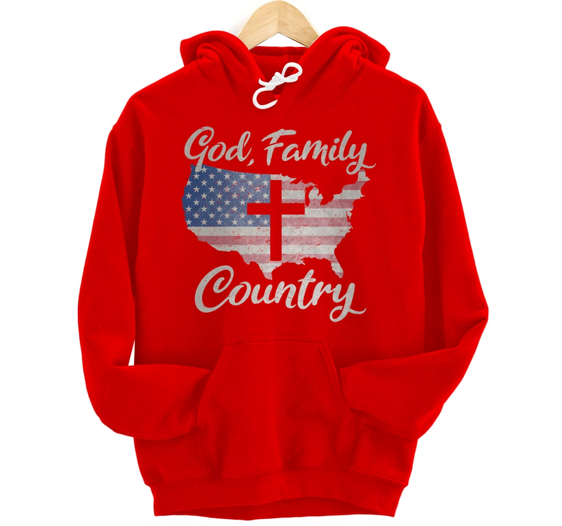 GOD FAMILY COUNTRY Christian Cross Vintage USA American Flag Pullover Hoodie