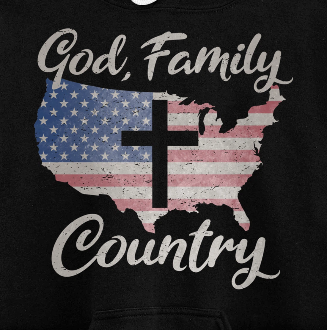 GOD FAMILY COUNTRY Christian Cross Vintage USA American Flag Pullover Hoodie