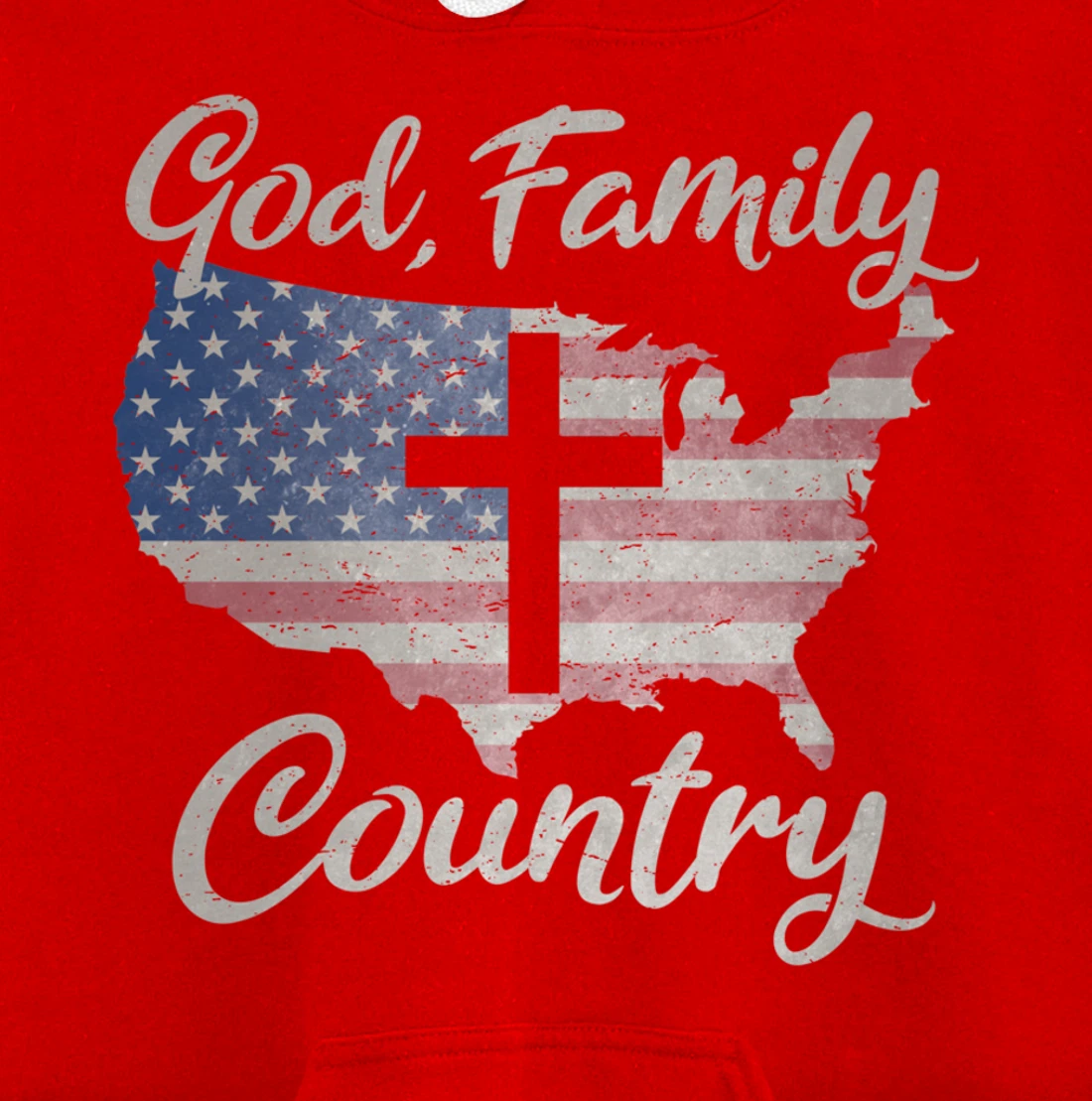 GOD FAMILY COUNTRY Christian Cross Vintage USA American Flag Pullover Hoodie
