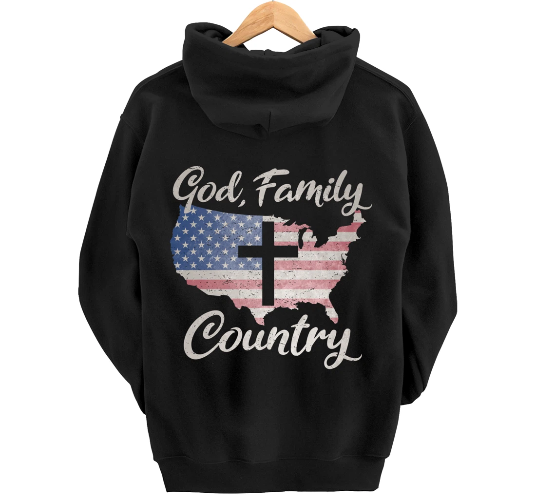 GOD FAMILY COUNTRY Christian Cross Vintage USA American Flag Pullover Hoodie