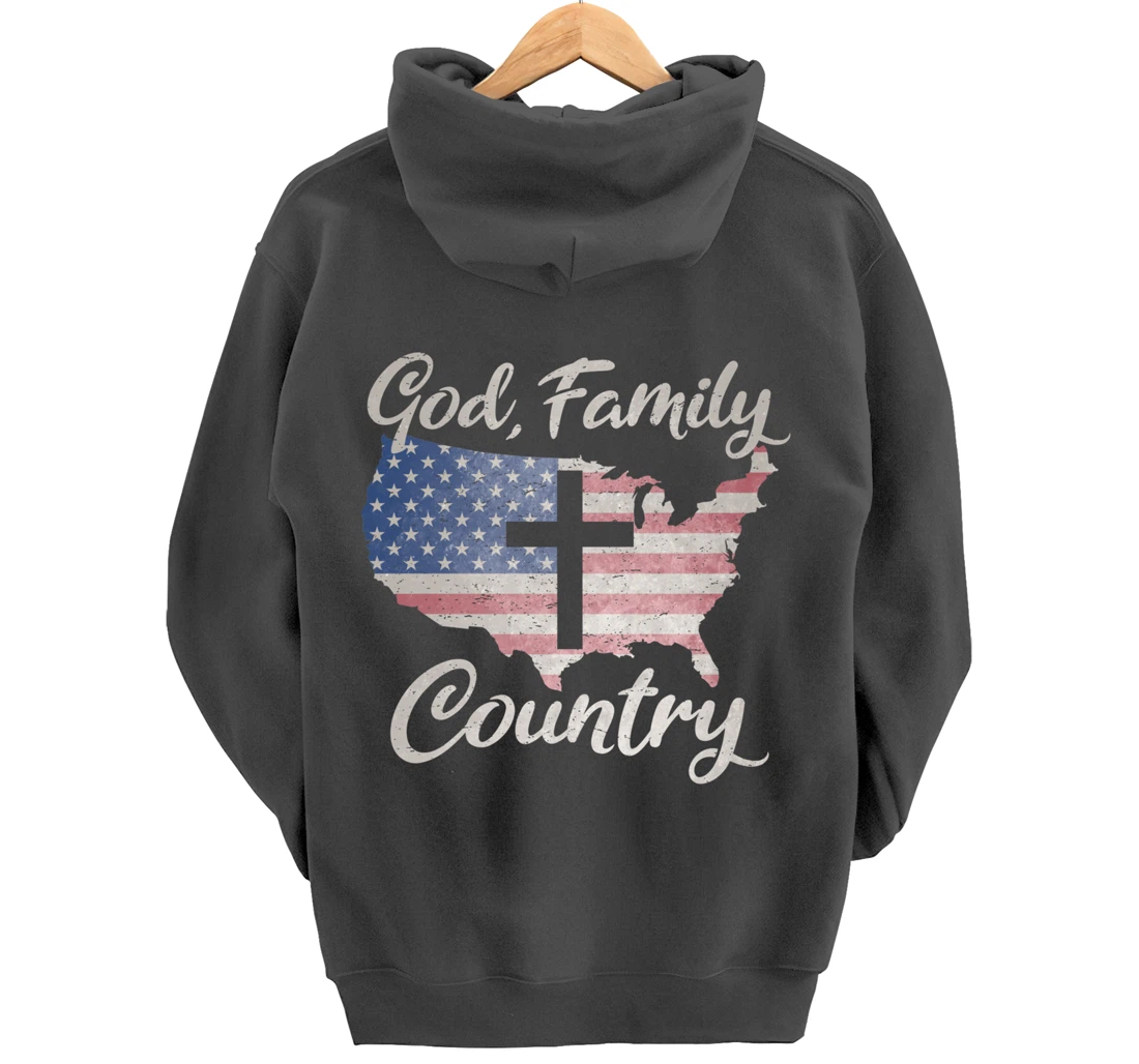 GOD FAMILY COUNTRY Christian Cross Vintage USA American Flag Pullover Hoodie