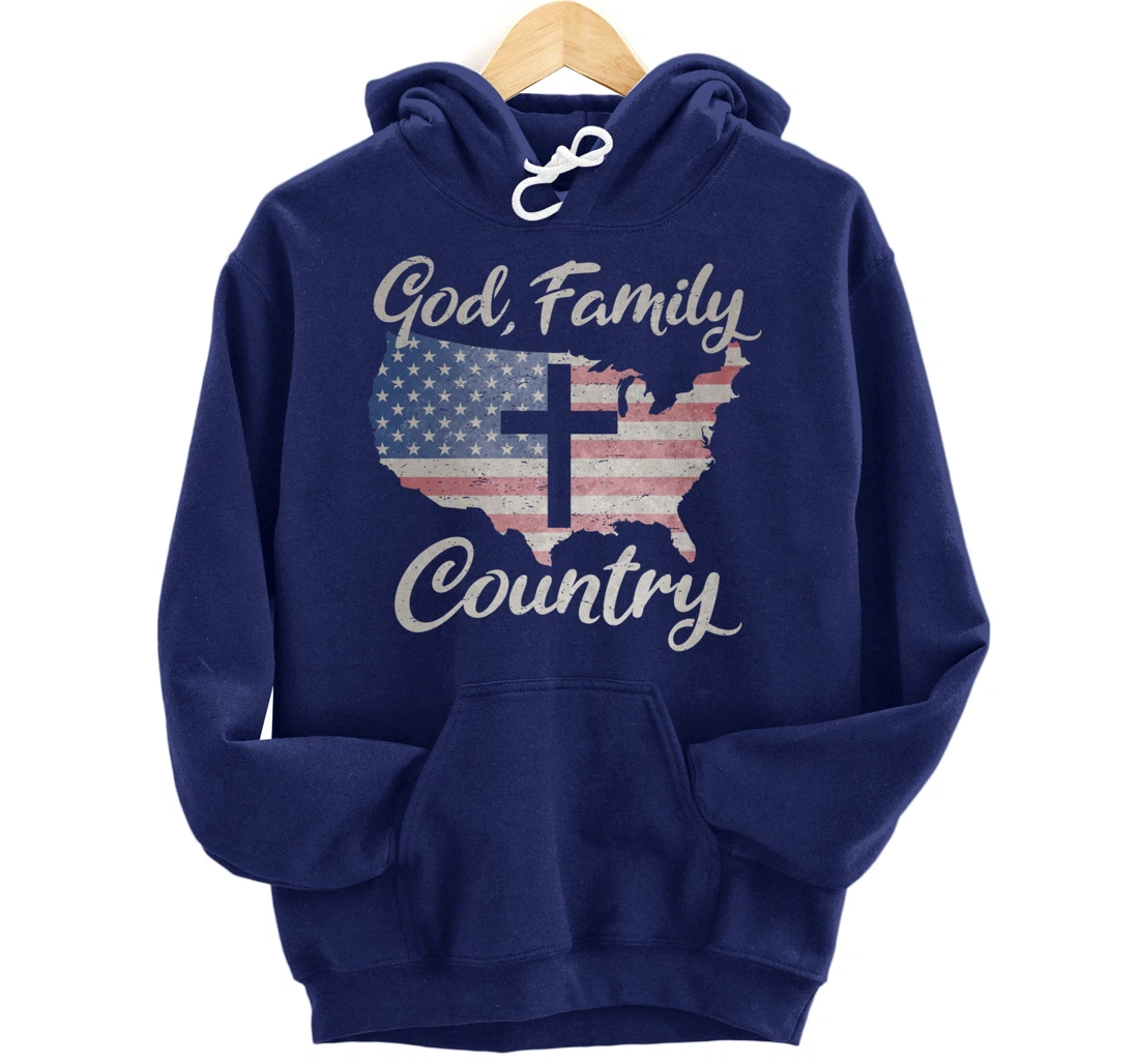 GOD FAMILY COUNTRY Christian Cross Vintage USA American Flag Pullover Hoodie