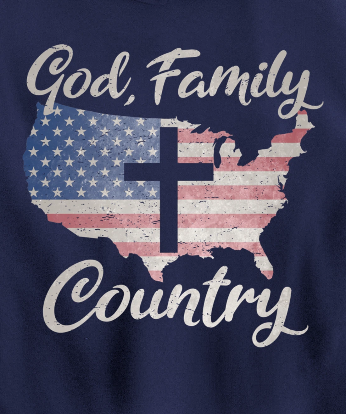 GOD FAMILY COUNTRY Christian Cross Vintage USA American Flag Pullover Hoodie