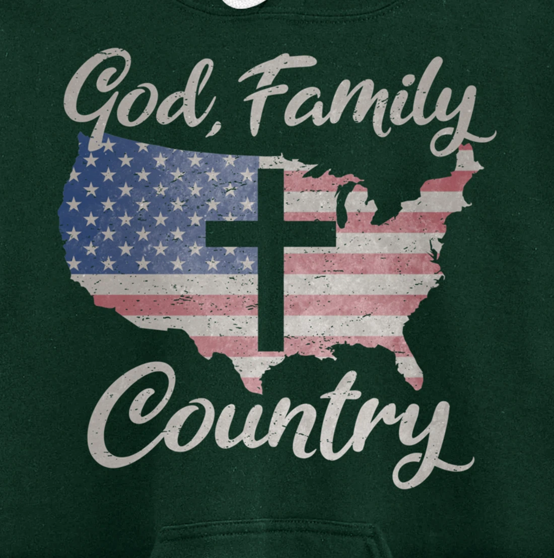 GOD FAMILY COUNTRY Christian Cross Vintage USA American Flag Pullover Hoodie