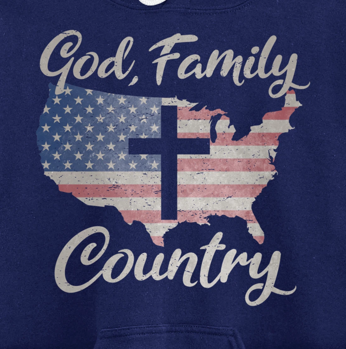 GOD FAMILY COUNTRY Christian Cross Vintage USA American Flag Pullover Hoodie