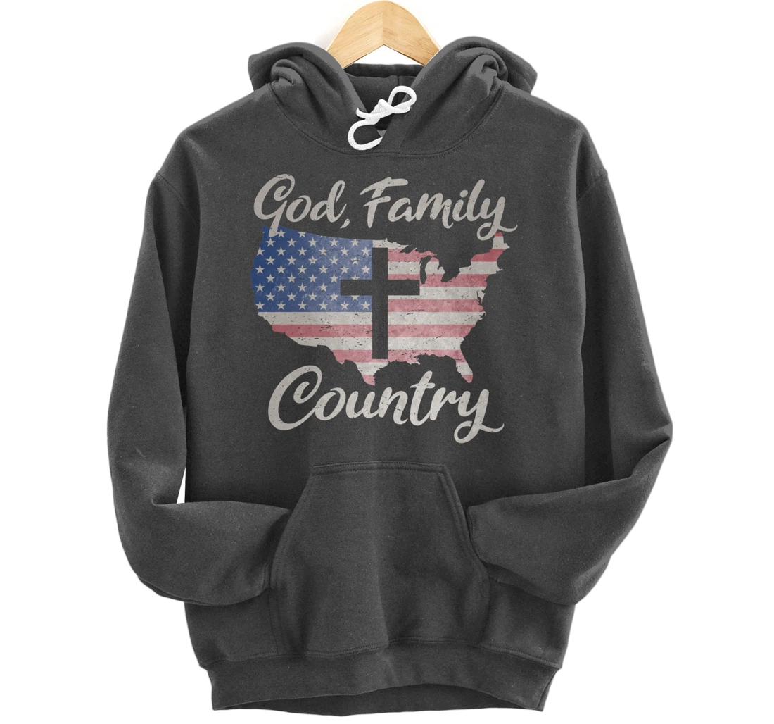 GOD FAMILY COUNTRY Christian Cross Vintage USA American Flag Pullover Hoodie