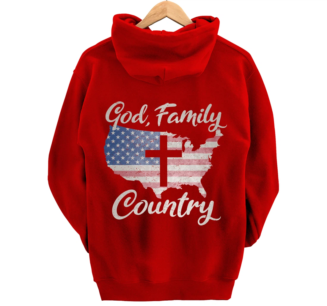 GOD FAMILY COUNTRY Christian Cross Vintage USA American Flag Pullover Hoodie