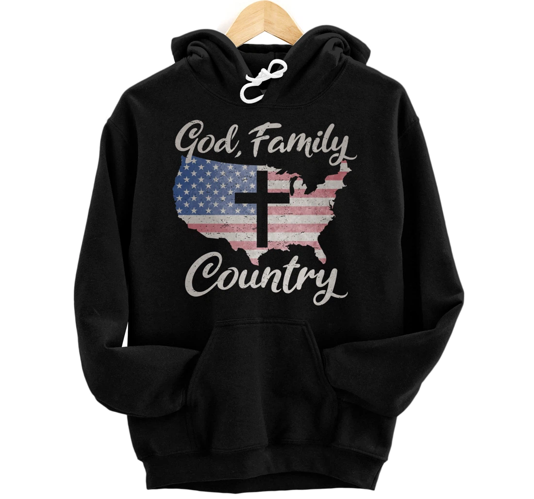 GOD FAMILY COUNTRY Christian Cross Vintage USA American Flag Pullover Hoodie