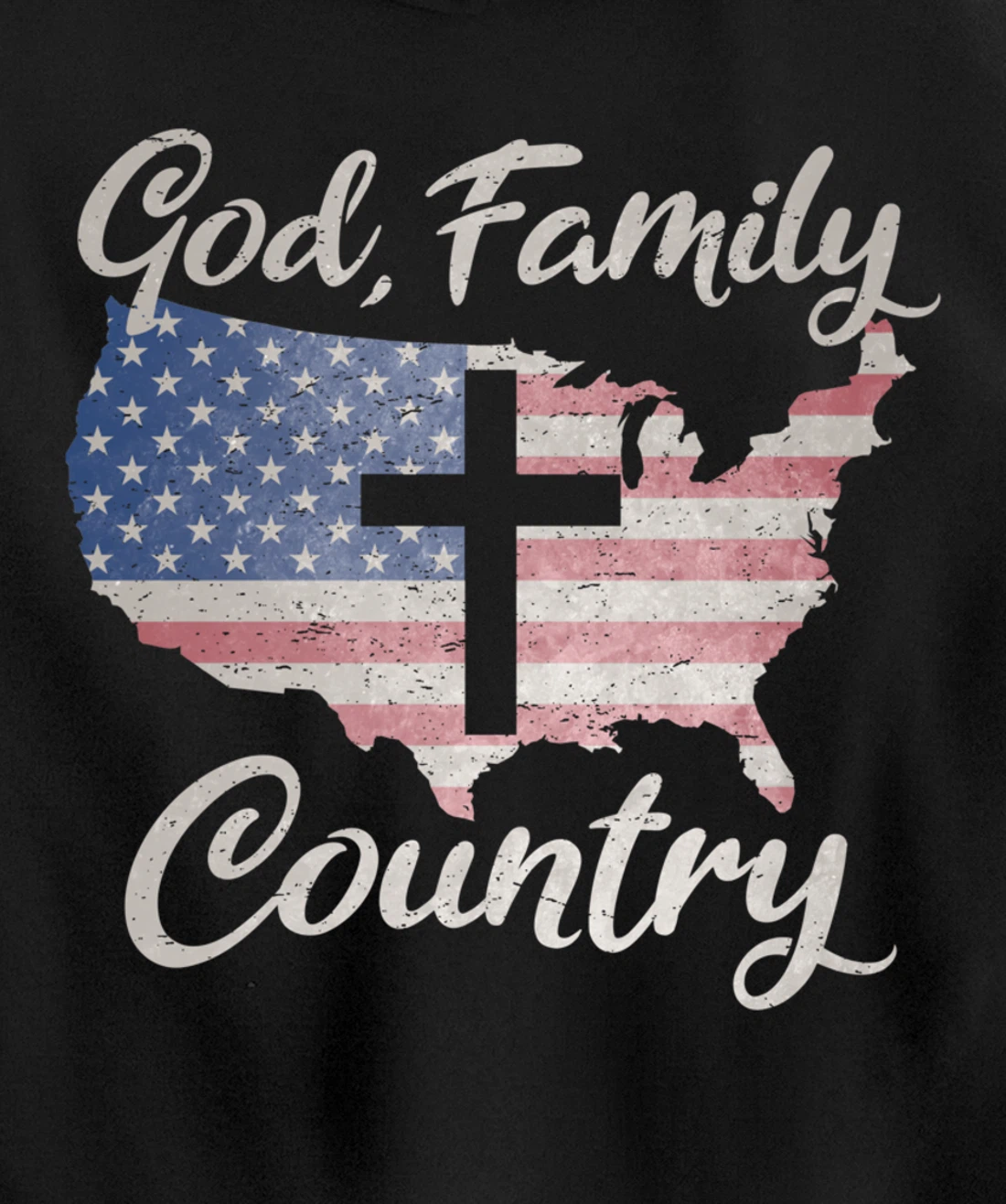 GOD FAMILY COUNTRY Christian Cross Vintage USA American Flag Pullover Hoodie
