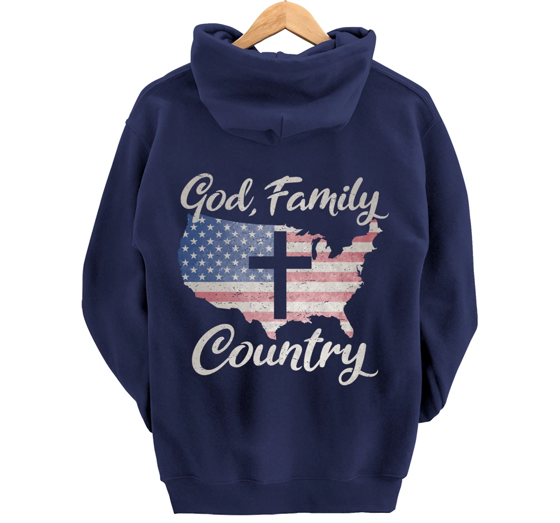 GOD FAMILY COUNTRY Christian Cross Vintage USA American Flag Pullover Hoodie
