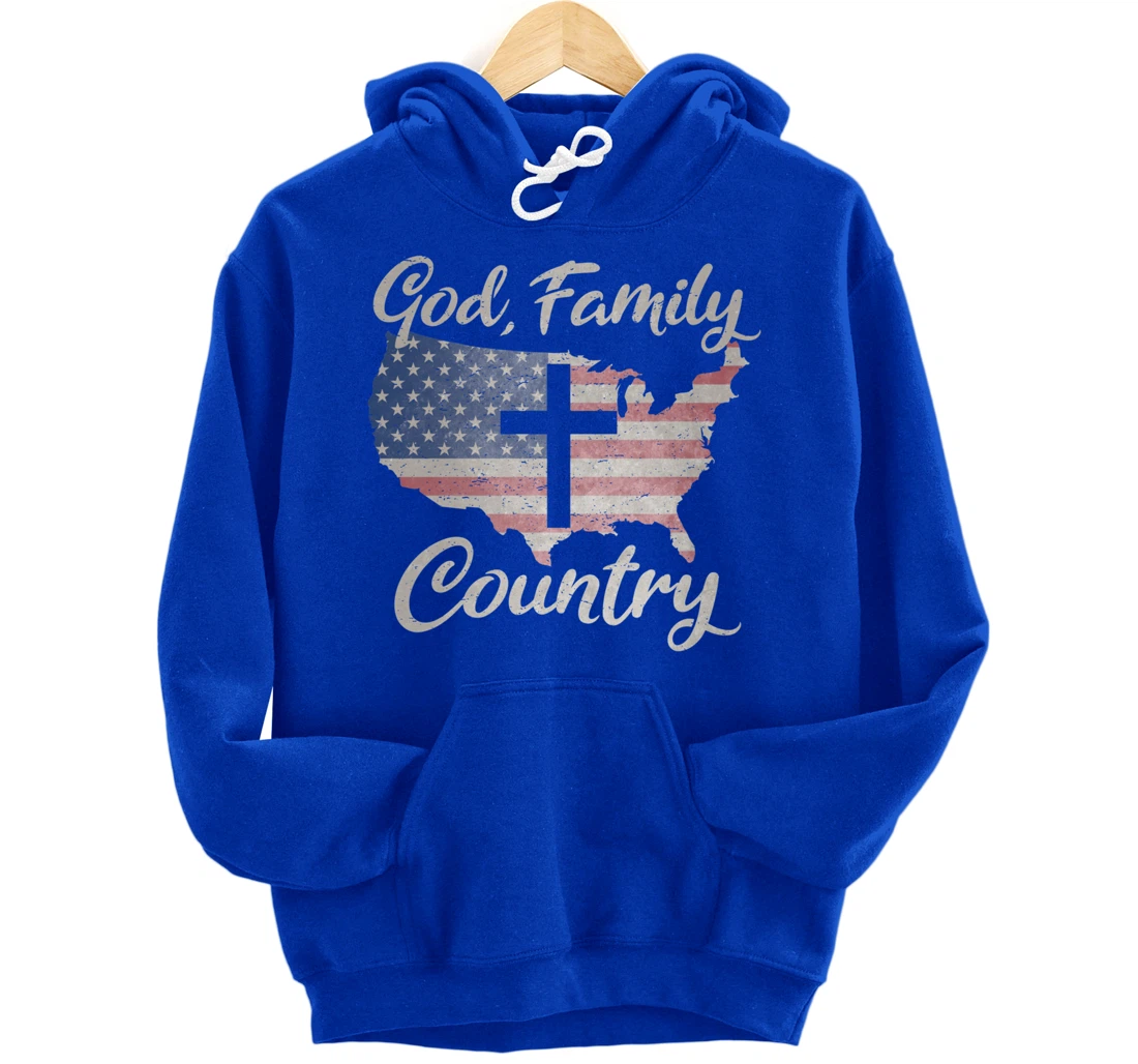 GOD FAMILY COUNTRY Christian Cross Vintage USA American Flag Pullover Hoodie