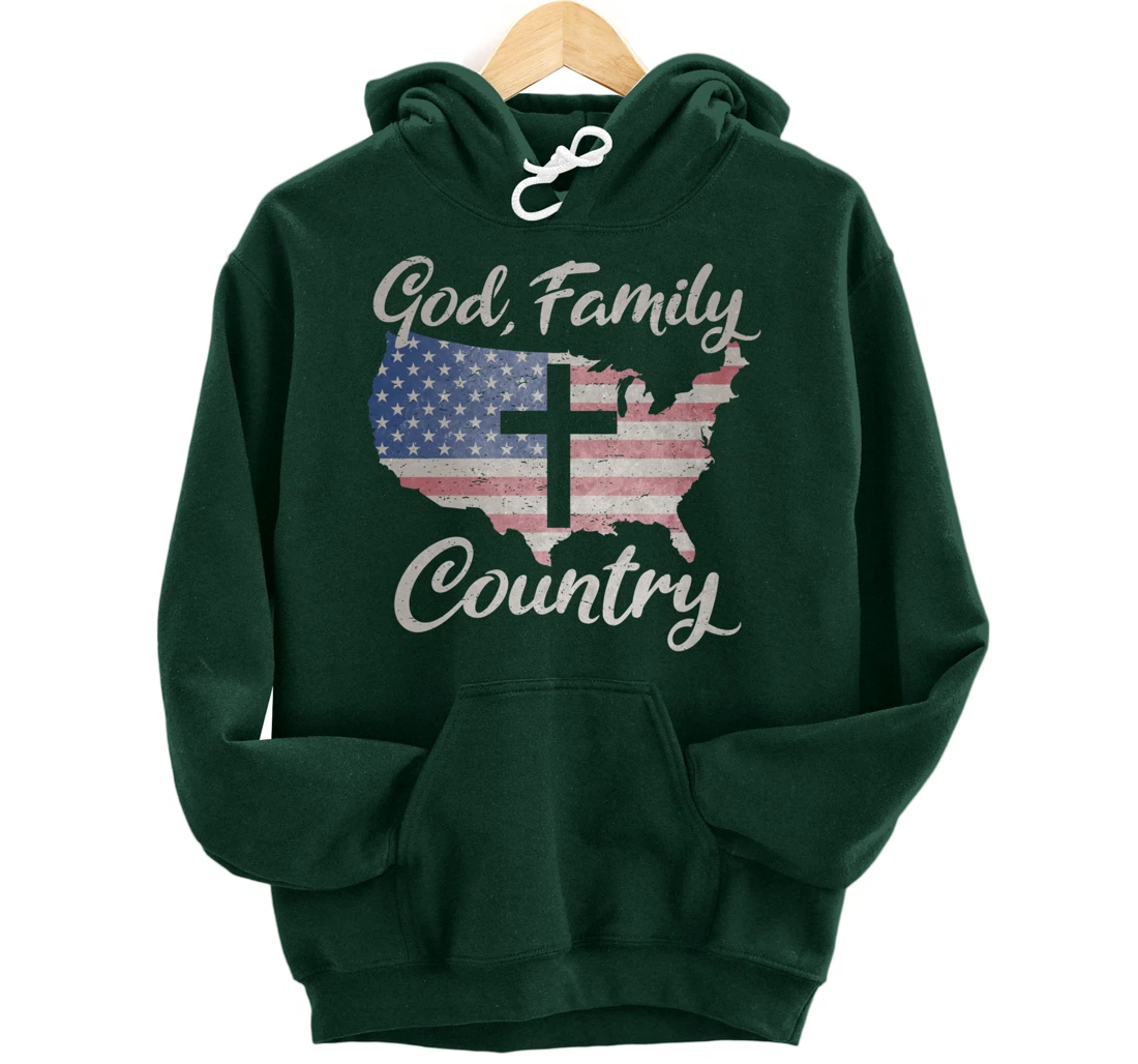 GOD FAMILY COUNTRY Christian Cross Vintage USA American Flag Pullover Hoodie