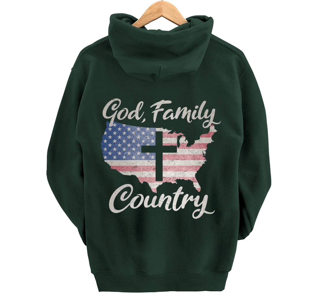 GOD FAMILY COUNTRY Christian Cross Vintage USA American Flag Pullover Hoodie