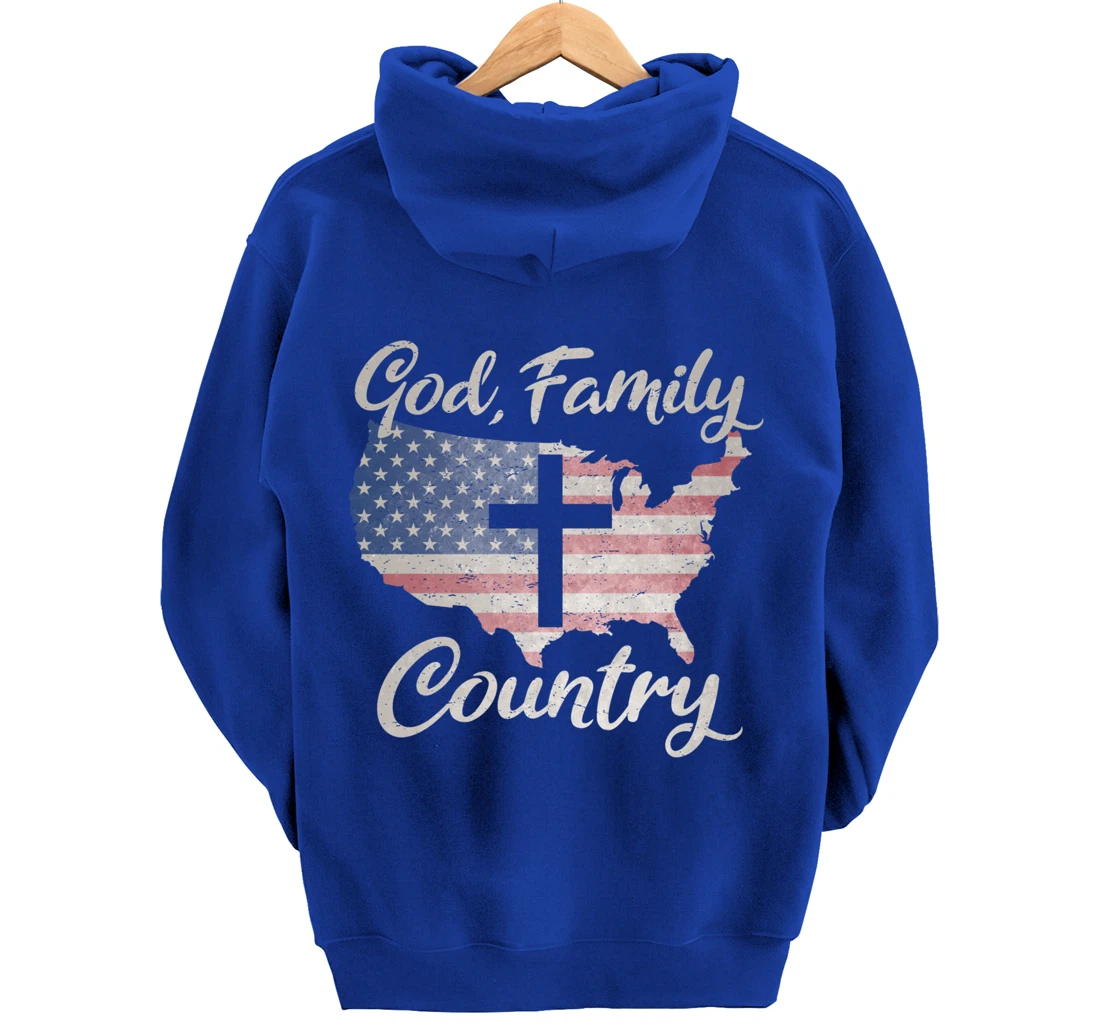 GOD FAMILY COUNTRY Christian Cross Vintage USA American Flag Pullover Hoodie