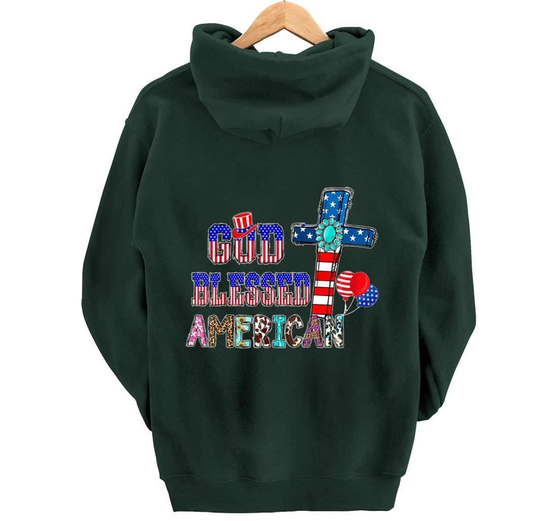 God Blessed American Cool Patriotic 4th Of July Cross Flag Pullover Hoodie