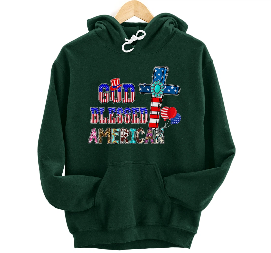 God Blessed American Cool Patriotic 4th Of July Cross Flag Pullover Hoodie
