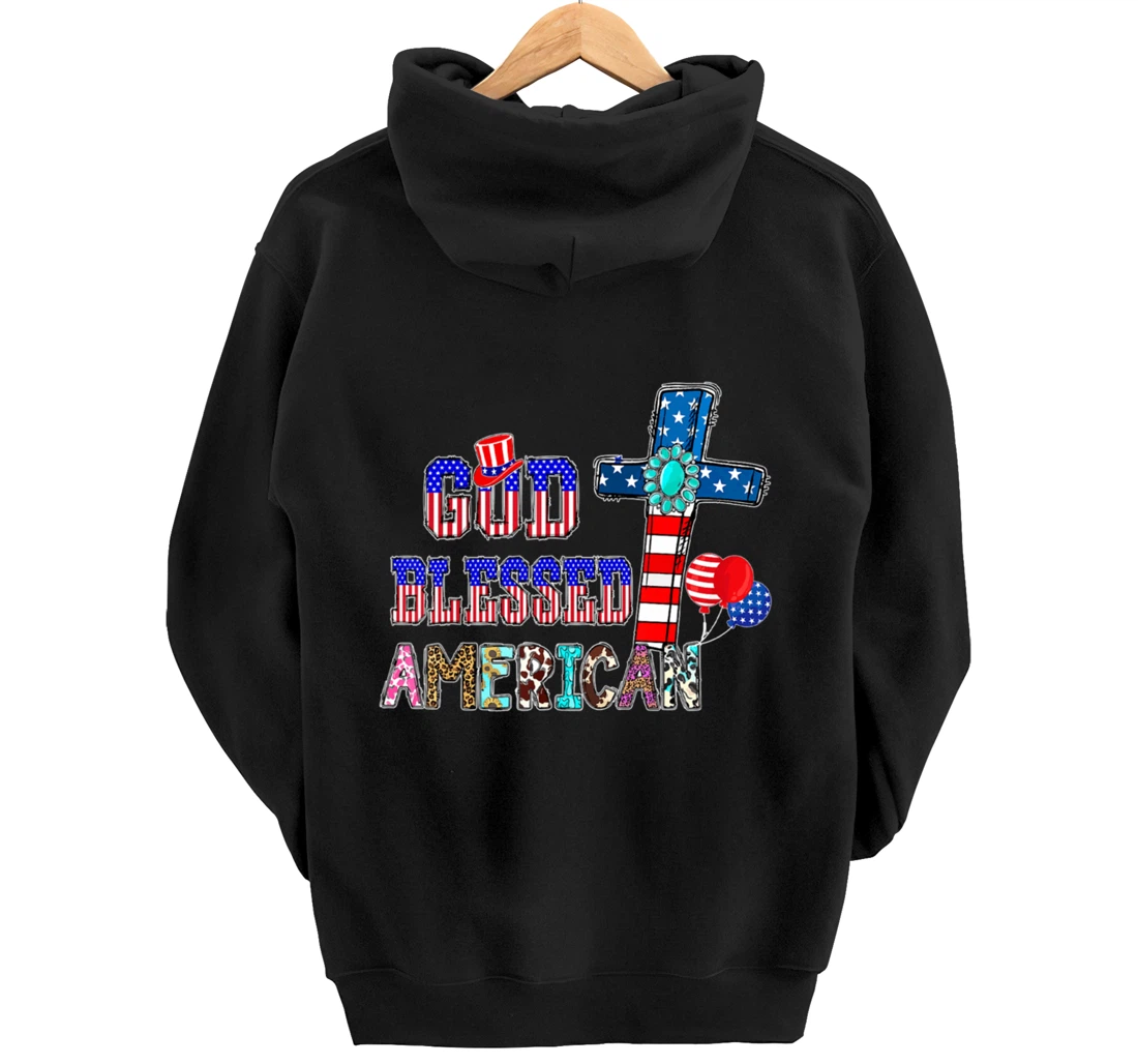 God Blessed American Cool Patriotic 4th Of July Cross Flag Pullover Hoodie