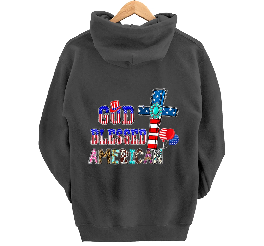 God Blessed American Cool Patriotic 4th Of July Cross Flag Pullover Hoodie