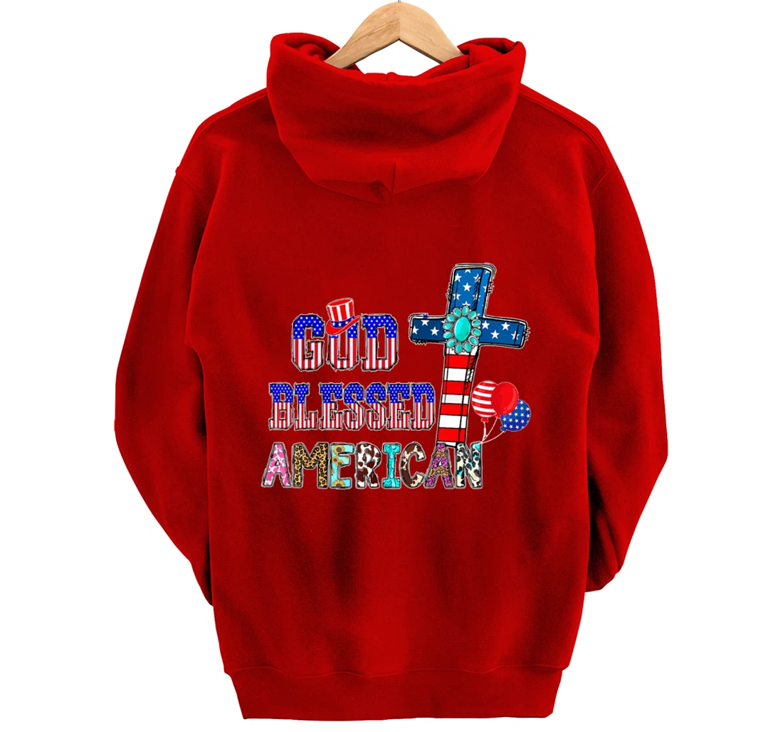 God Blessed American Cool Patriotic 4th Of July Cross Flag Pullover Hoodie