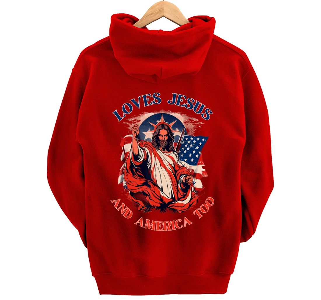 Loves Jesus America Flag Christian Vintage Faith Cross God Pullover Hoodie