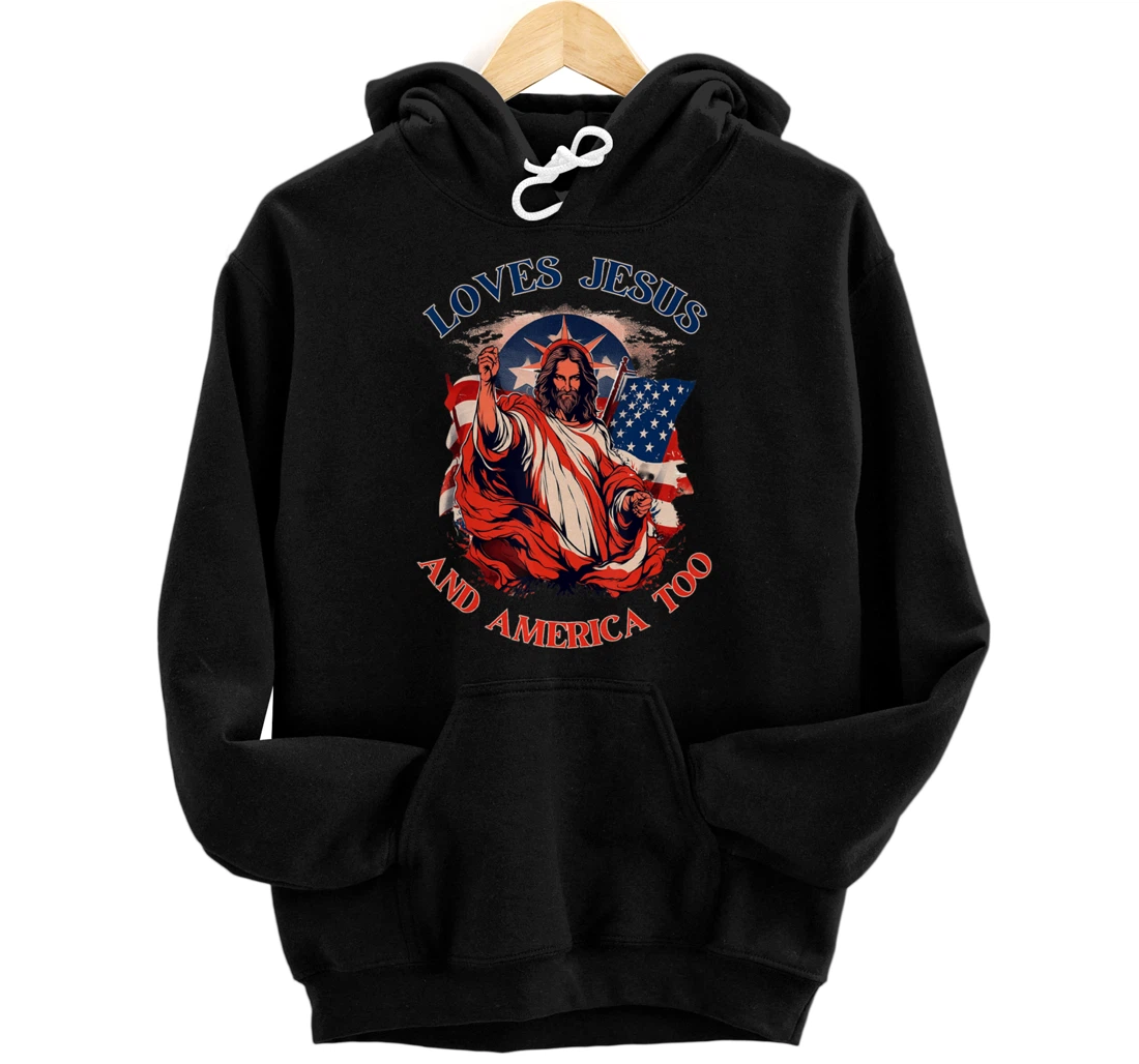 Loves Jesus America Flag Christian Vintage Faith Cross God Pullover Hoodie