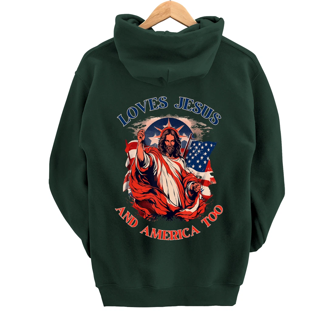 Loves Jesus America Flag Christian Vintage Faith Cross God Pullover Hoodie