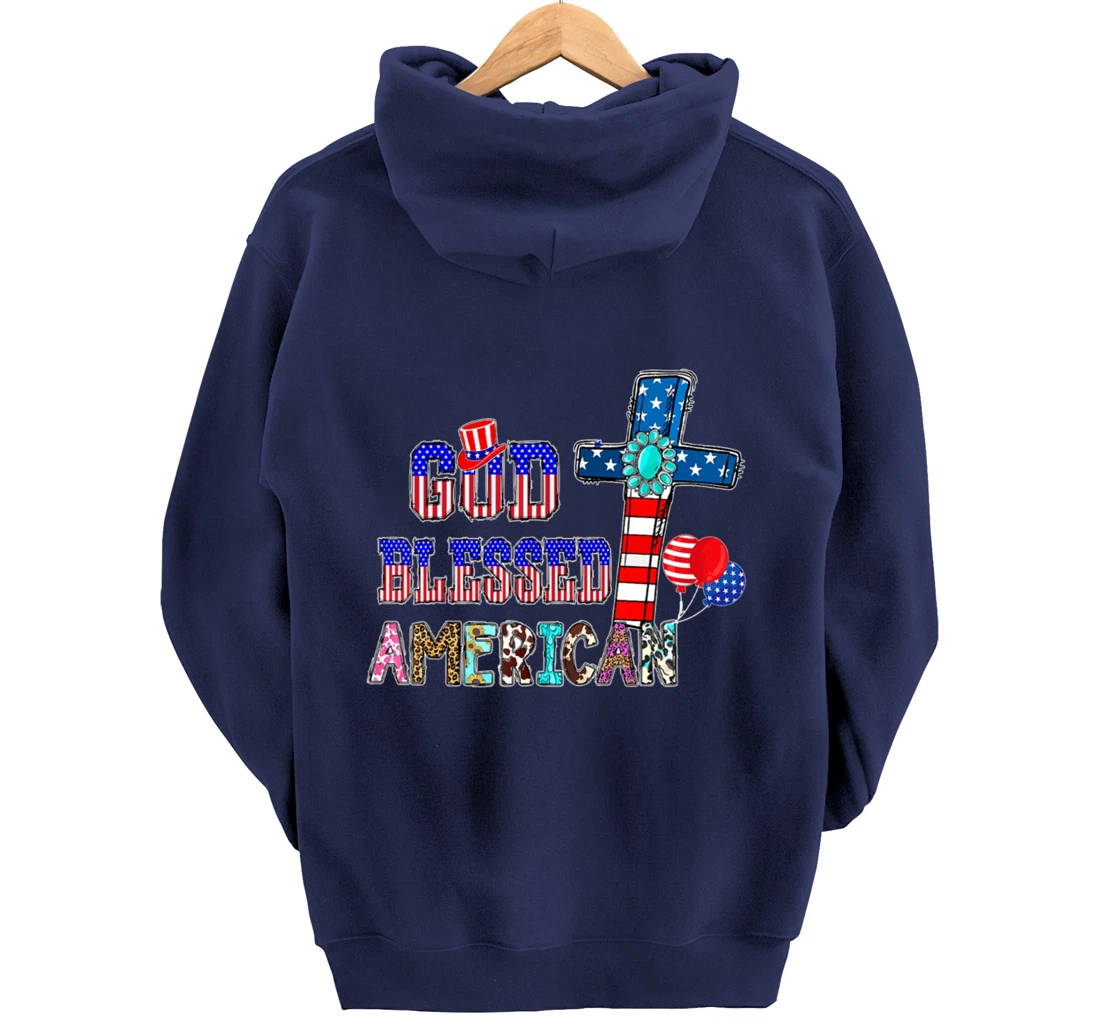 God Blessed American Cool Patriotic 4th Of July Cross Flag Pullover Hoodie