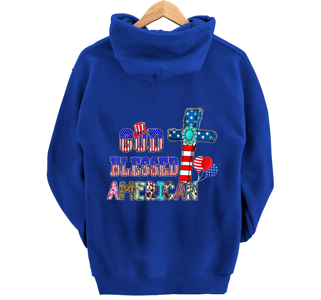 God Blessed American Cool Patriotic 4th Of July Cross Flag Pullover Hoodie