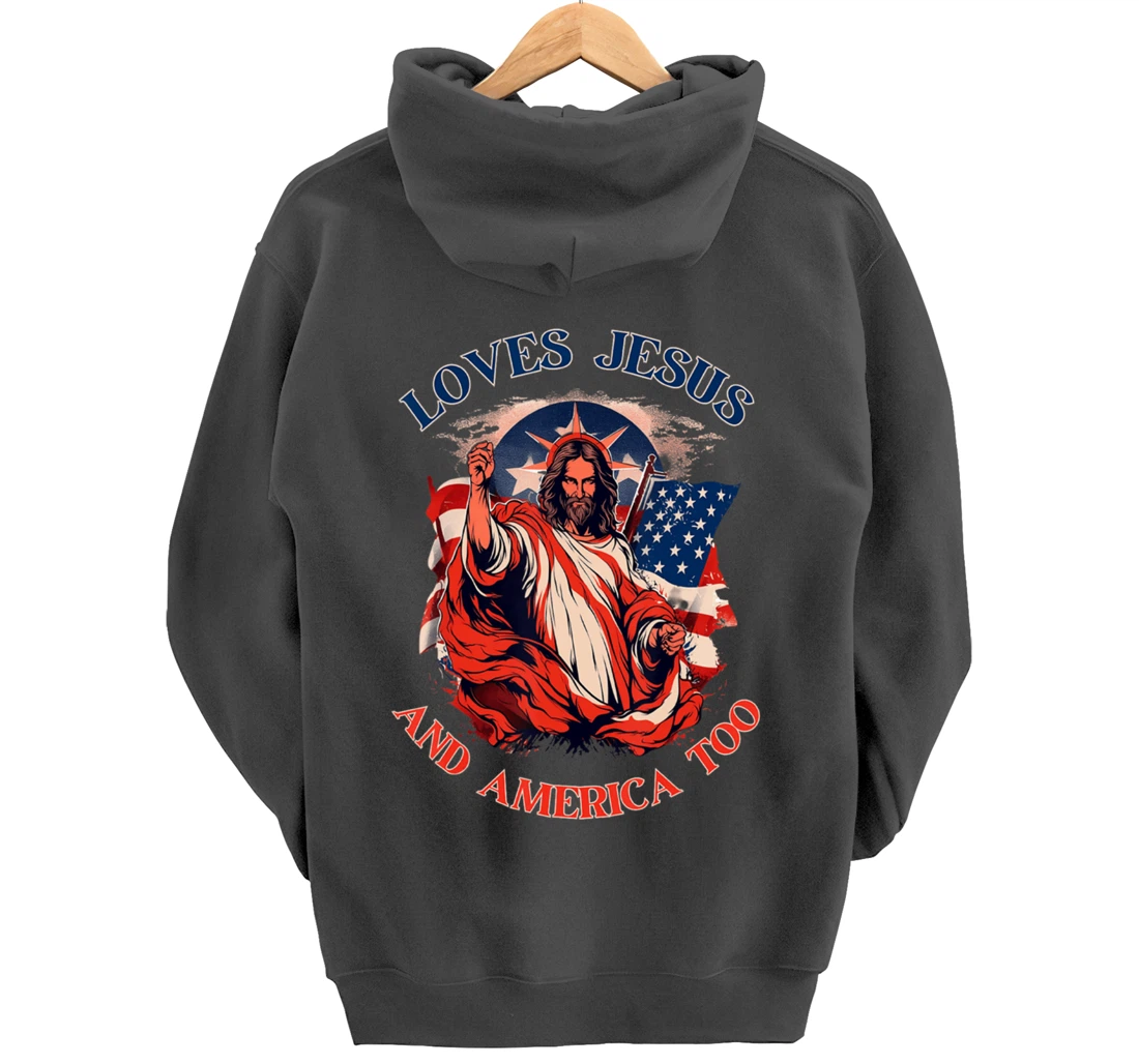 Loves Jesus America Flag Christian Vintage Faith Cross God Pullover Hoodie