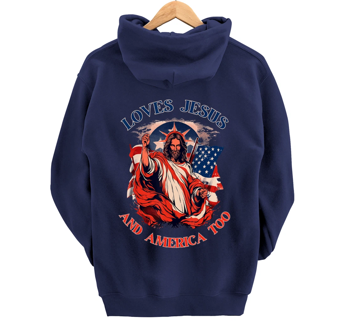 Loves Jesus America Flag Christian Vintage Faith Cross God Pullover Hoodie