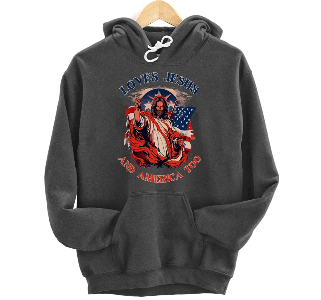 Loves Jesus America Flag Christian Vintage Faith Cross God Pullover Hoodie