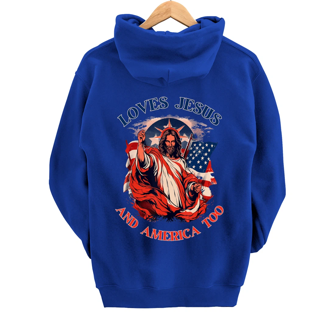 Loves Jesus America Flag Christian Vintage Faith Cross God Pullover Hoodie