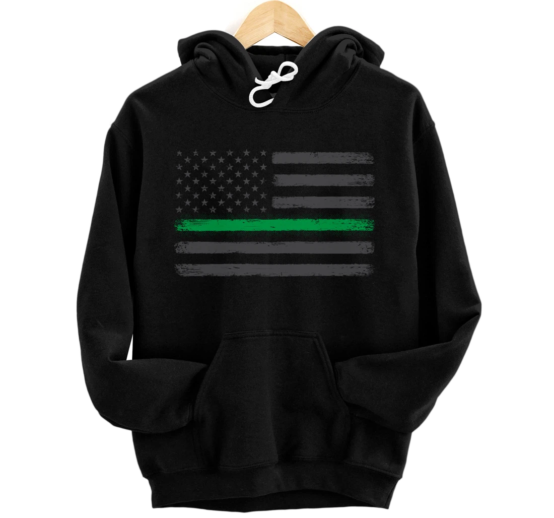 Thin Green Line Flag Proud Veterans Gift Support Military Pullover Hoodie