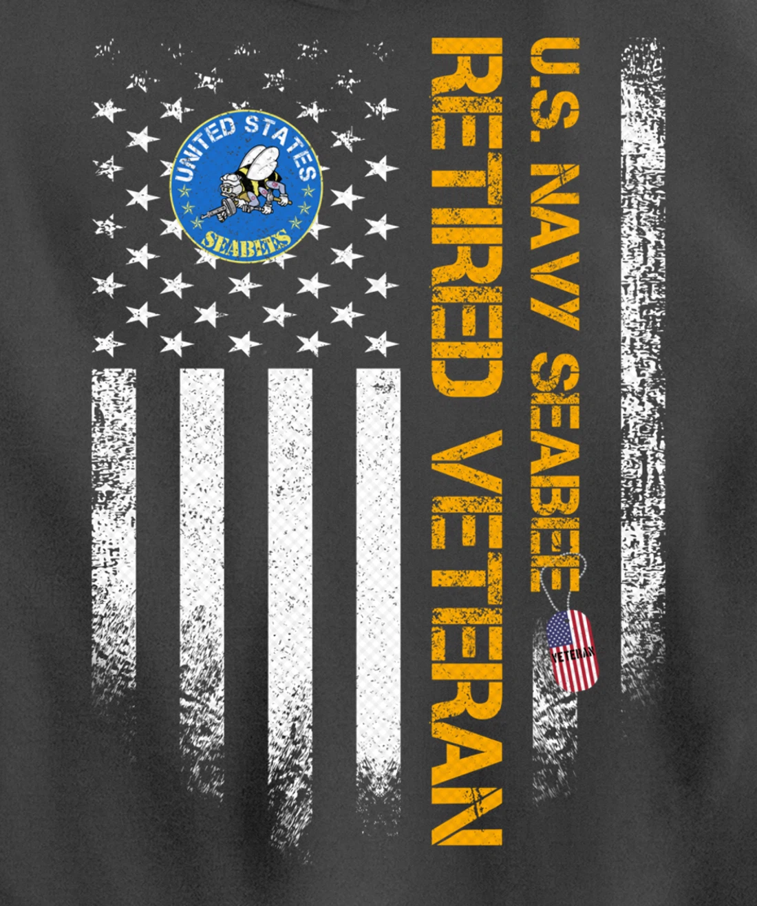 Vintage USA American Flag Navy Seabee Proud Retired Veteran Pullover Hoodie